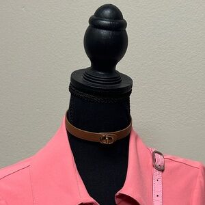 Dior Brown Leather Choker with Gold-Tone Logo - Pink Accent Display